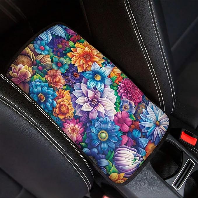 JoyLamoria Automotive Armrest Pad Boho Flower Print Car Armrest Cover for Women High Stretchy Auto Accessories Easy Install