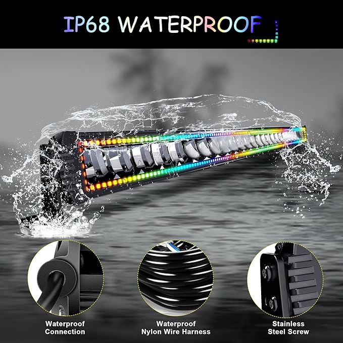 52" RGB LED Light Bar 2Pcs 4" Flood LED Pods with Multi-Color Chasing RGB Halo 16 Solid Colors Over 92 Flashing Modes Offroad Lights Driving Lamp Fog Lights with Switch Wiring Harness