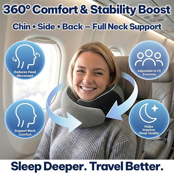 Memory Foam Travel Neck Pillow for Airplane & Neck Pain Relief – 360° Ergonomic Support – Free Eye Mask & Ear Plugs – Soft Breathable Cover – Ideal for Plane, Car, Office & Home