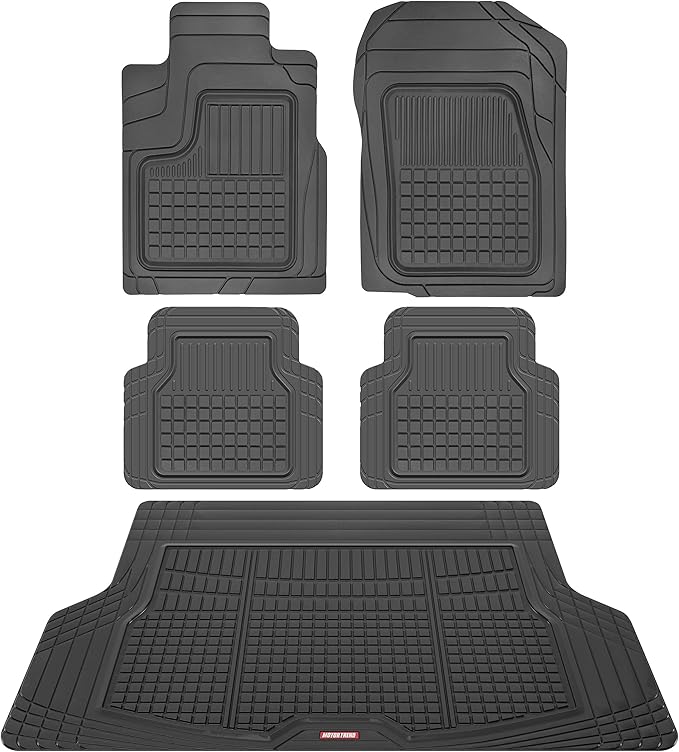 BDK Performance FlexTough 5-Piece Front & Rear Rubber Car Floor Mats & Cargo Liner For Cars SUVs Trucks Vans, All-Weather Heavy Duty Semi Custom Fit Trimmable Trim-To-Fit Deep Dish Protection Non-Slip