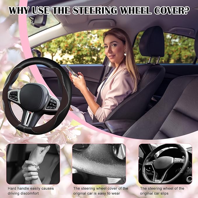 SuperKaKa Brown Car Steering Wheel Cover 2025, Universal Auto PU Cute Breathable Slip-Proof Comfort Imitation Leather Protector Cars Interior Accessories for Women Men Fit Most Vehicle