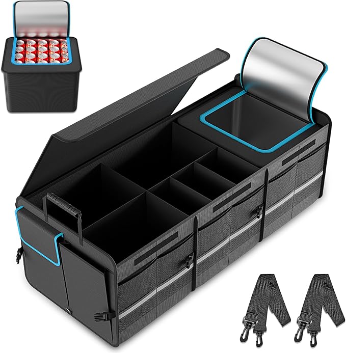 MEI&CO Car Trunk Organizer - 2.5mm PP Board Built, 35L Leakproof Cooler, 105L Capacity, 2 Tie-Down Straps, 4 Adjustable Dividers, Foldable Design for SUVs, Trucks, and Cars