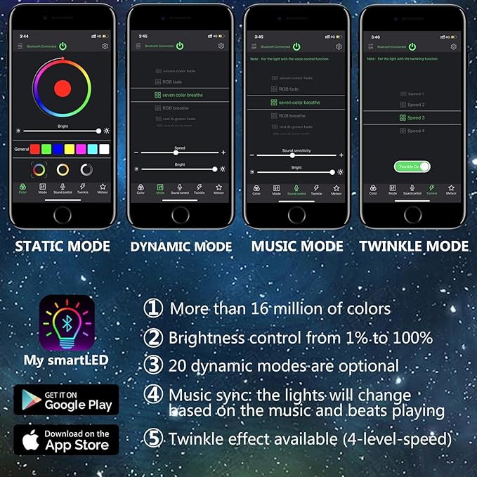 Twinkle Starlight Headliner Kit Sound Activated Star Ceiling Lights Fiber Optic Lights Mini White with Bluetooth APP & Remote Control 300 Pieces 6.5ft/2m Fiber Optical Cable