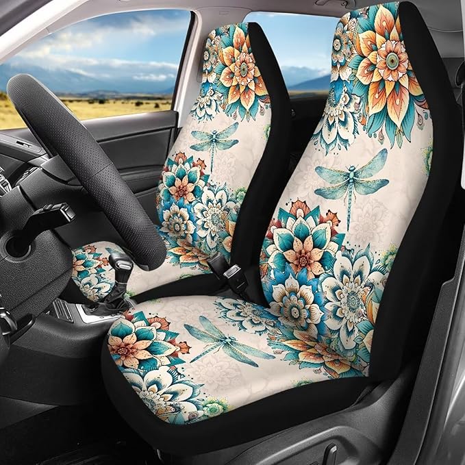 KEIAHUAN Boho Mandala Dragonfly Car Seat Cover for Women Universal Non-Slip Car Seat Protector Front/Rear Seat Cover Fits for Truck SUV Sedan Van