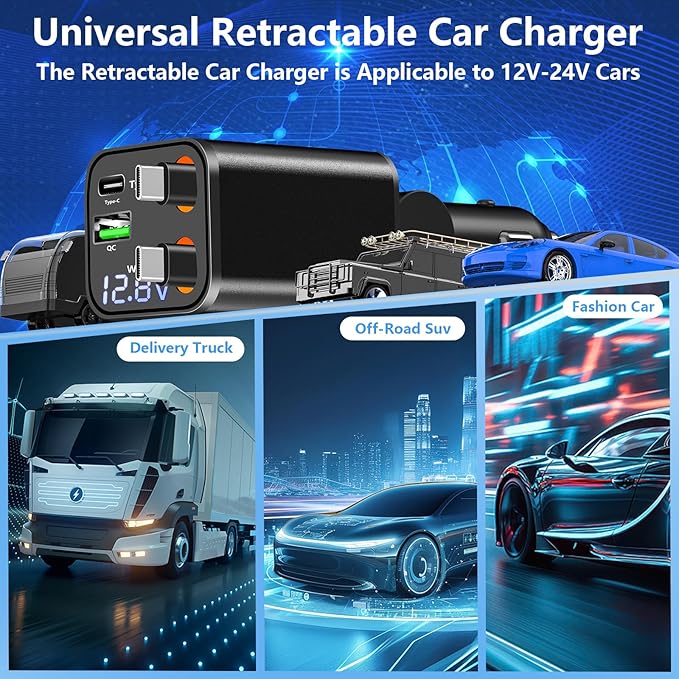 [Apple MFi Certified] Retractable Car Charger USB C, Caiinei 120W USB C Car Charger 4 in 1 PD/QC Type C Fast Charging Cigarette Lighter Adapter for iPhone 17/17 Pro Max/16 Pro/15/Galaxy S25/S24/Pixel
