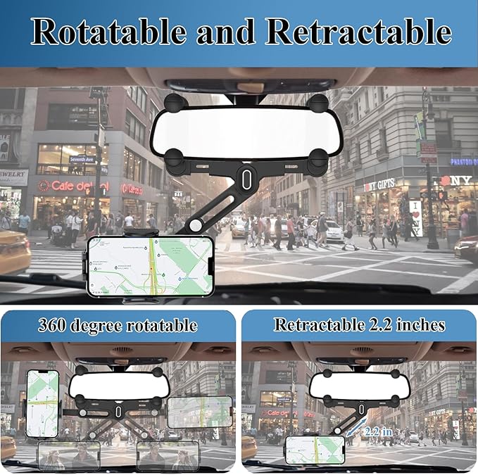 Phone Mount for Car, Rear View Mirror Phone Holder, Rotatable and Retractable Car Phone Holder Mount Rearview Mirror Phone Holder for Car Compatible with iPhone Samsung Cell Phones (Pink)