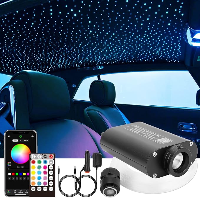 CHINLY 16W 650pcs 0.03in 13.1ft Fiber Optic Lights Star Ceiling Headliner Light Kit, APP Car Use Bluetooth RGBW LED, Remote Music Mode Optical Fiber+Adapter+Cigarette Lighter for Car/Home Theater