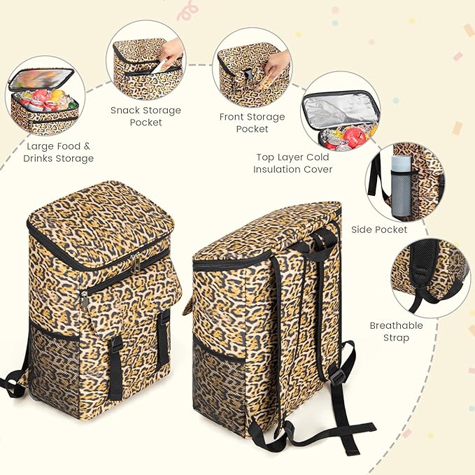 Cooler Backpack Soft Insulated Leak Proof 30 Cans Insulated Backpack Cooler Portable Picnic Camping Beach Hiking BBQ Lunch Backpack for Men and Women -Leopard Print