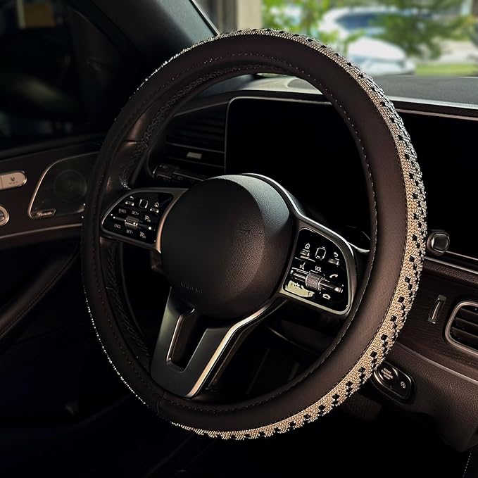 LordLord AutoFashion 15 Inch Luxury Universal Steering Wheel Cover Rhinestone Crystals Anti-Slip Microfiber Leather for Women Girls Men Boys Car Accessory Bling Diamonds Black (JX06)