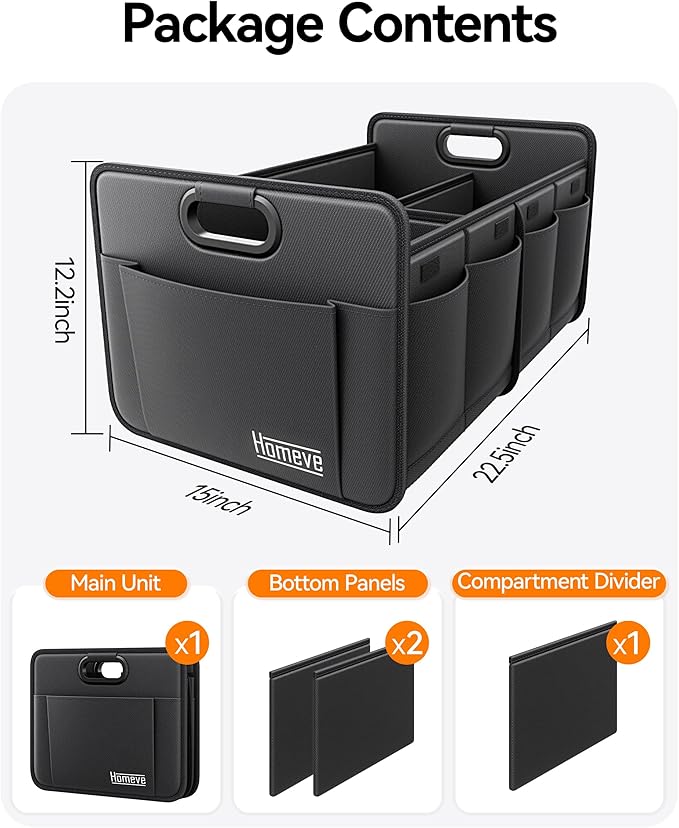 Homeve Trunk Organizer, Car Storage, Reinforced Handles, Collapsible Multi-Compartment, Foldable, Waterproof, Sturdy, 600D Oxford Polyester For Car, SUV, Mini-Van, Black, 2 Compart