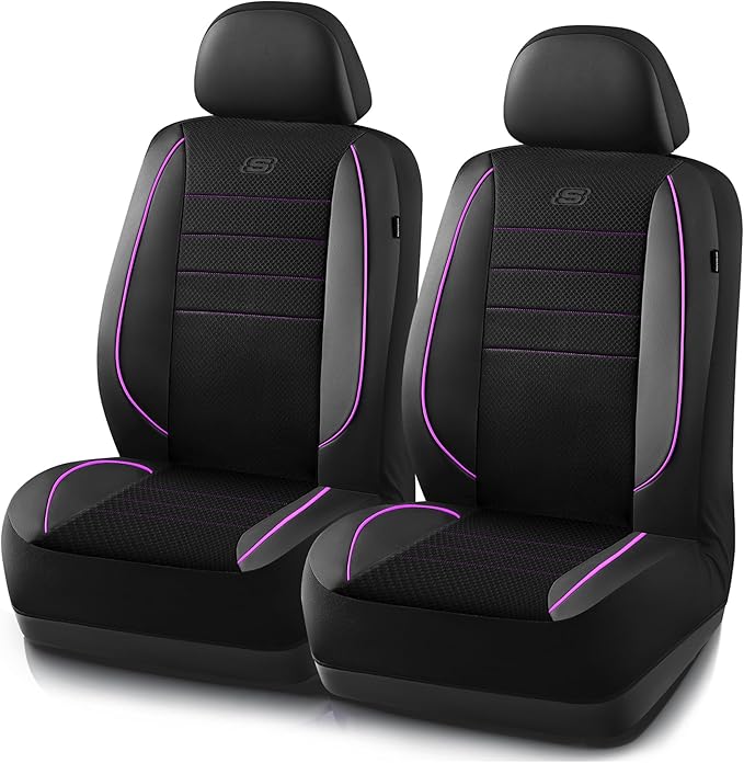 Skechers Air-Cooled Memory Foam Seat Covers,Mesh Thick Car Seat Covers,Piping Leather Car Seat Covers Front Seats,Airbag Compatible,Automotive Comfort Universal FitMost Cars,Vans,Truck,SUV,Purple