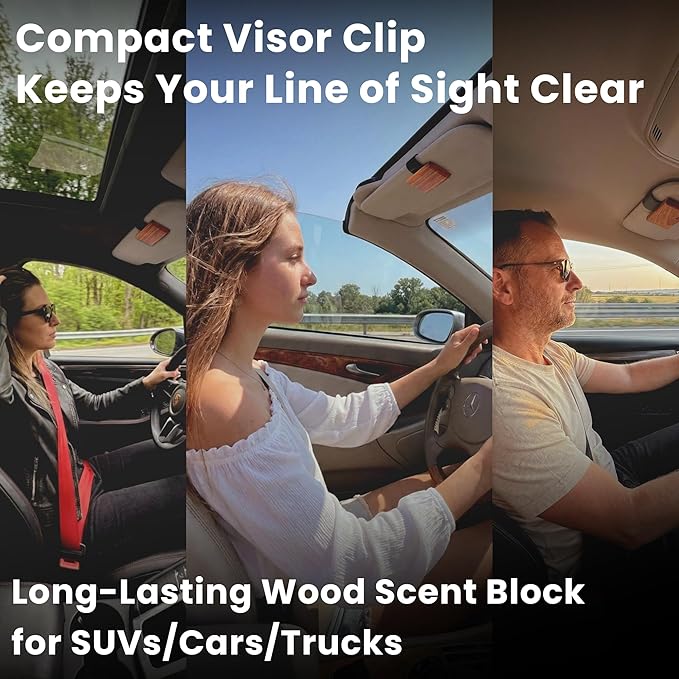 Car Air Freshener Wood 2 Pack — Refillable Solid Diffuser, North American Alder Scent, Leather Visor Clips — No Liquid Odor Eliminator for Cars, Trucks, SUVs