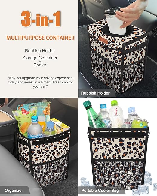 Pritent Car Trash Can with Lid, Cute Leakproof Car Trash Garbage Bag Hanging Vehicle Trash Bin Small Portable Automotive Garbage Cans Organizer for Back/Front Seat(Trapezoid,Leopard
