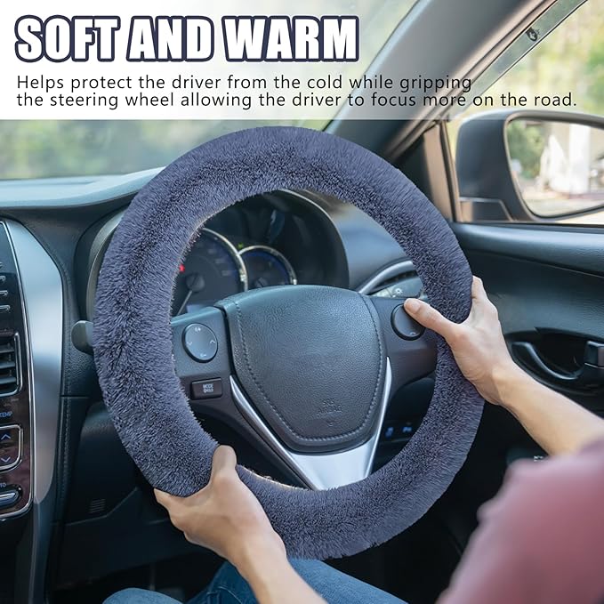 Wuyaoyao Fuzzy Car Steering Wheel Cover, 15'' Soft Auto Steering Wheel Protector for Warm Winter, Elastic Anti-Slip Fluffy Wheel Covers, Universal Car Accessories for Women and Men (Gray)