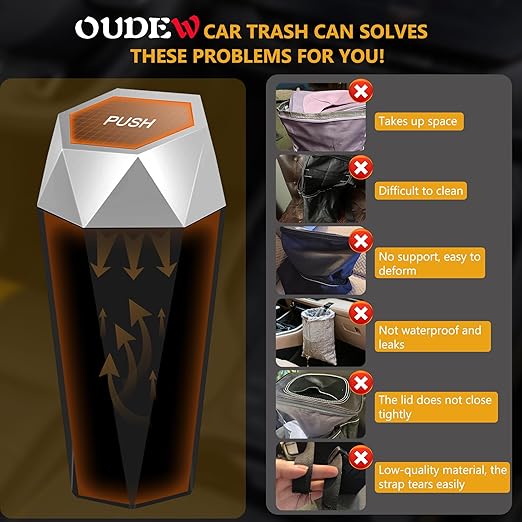 Car Trash Can with Lid - 1-Pack, Interior Accessories for Vehicles, Leakproof Garbage Can with 15 Detachable Trash Bags, Multipurpose Organizers and Storage Solutions for Home and Office