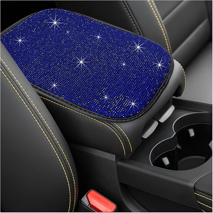 Bling Car Armrest Cover, 11.8"×8.5" Crystal Rhinestone Auto Center Console Protective Cover, Bling Charming Arm Rest Cushion Pad for Most Cars SUVs Trucks, Car Accessories (Black&Blue)