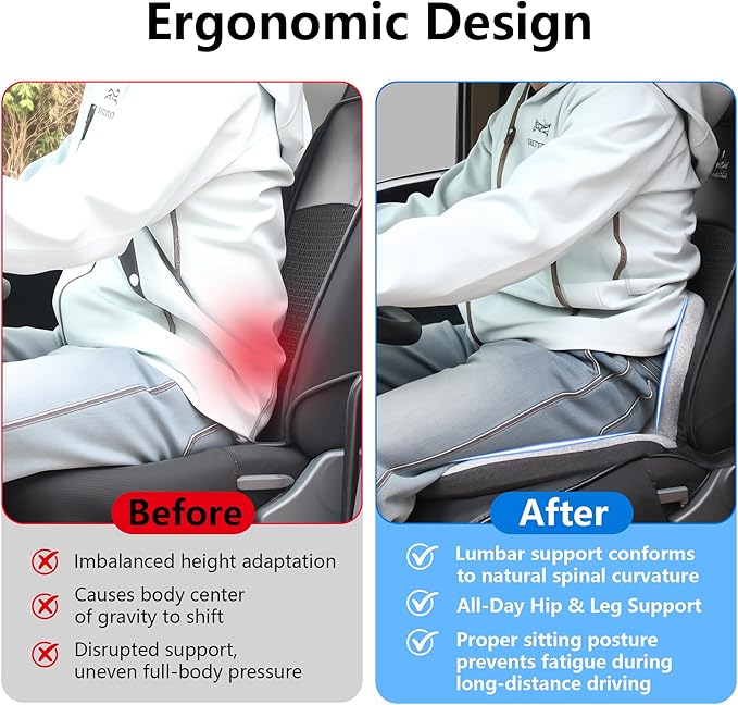 Memory Foam Truck Seat Cushion & Lumbar Support Set – Ergonomic U-Shape Tailbone Relief + L-Shape Back Cushion for Long-Haul Semi/Pickup Drivers Breathathable Cover Non-Slip Bottom Light Gray