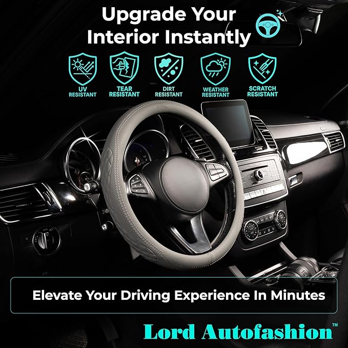 Lord Autofashion Steering Wheel Cover – PU Leather, Non-Slip Rubber Inner, All-Season Comfort – 14.5–15 Inch (Grey 9366)
