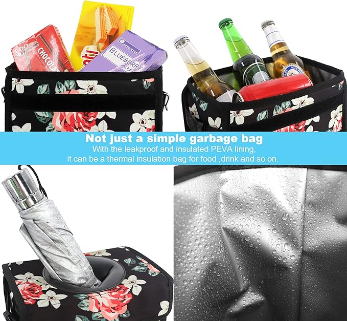 Femuar Car Trash Can Leak Proof Car Trash Bag Waterproof Car Garbage Can with Lid Collapsible and Portable with Storage Pocket, Large/Flower, 3 Gallons