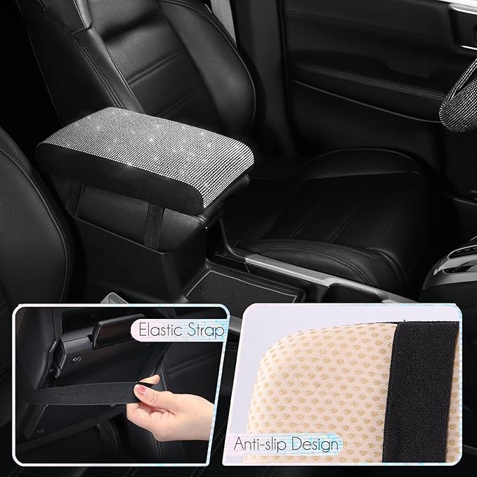 SEG Direct Diamond Auto Center Console Cover, Bling Car Armrest Cover, Memory Foam Armrest Cushion Pad with Crystal Rhinestones, Universal Seat Box Cover, White Diamond