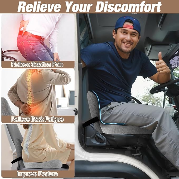 MYFAMIREA Truck Seat Cushion, Memory Foam Trucker Seat Cushion for Truck Driver Long Sitting with Adjustable Strap, Back Support and Pain Relief for Trucker Driving Car Office Chair and Pain