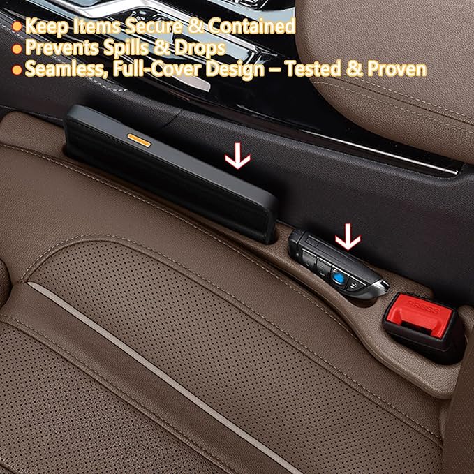 Car Seat Gap Filler Organizer of 2 - No Drop Seat Guard, Universal Car Seat Gap Filler, Durable Non-Slip Material, Easy 10-Second Install for Cars, Trucks & SUV (Brown)