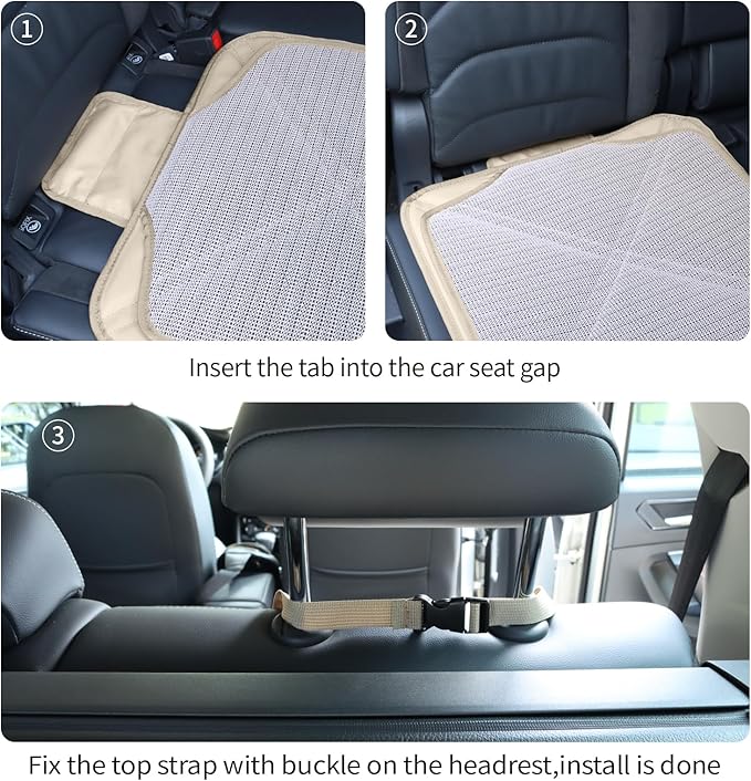 Car Seat Protector Leather Waterproof Child Safety Seat Protector Cover with Thick Pad and 2 Large Pockets Durable Kick Mat for All Auto Seat (Beige)