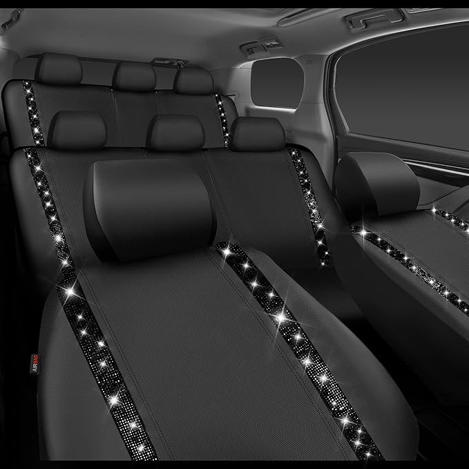 CAR PASS Bling Diamond Car Seat Covers,Shining Rhinestones Waterproof Faux Leather, 8 Seats 3 Rows with Zipper Glitter Crystal Sparkle Strips Universal Fit 95% MPV,SUV,CAR for Women Girl, Black