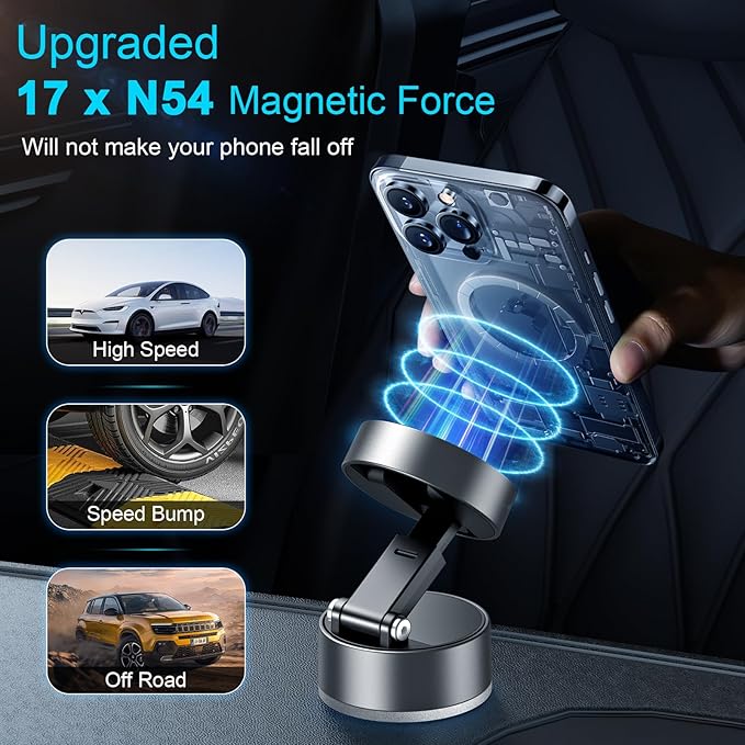 OOCC Vacuum Magnetic Phone Holders for Your Car, 360°Rotating Adjustable Magsafe Car Phone Mount, Foldable Magnetic Car Phone Holder for All Smartphones & All Car Models, Silver Grey