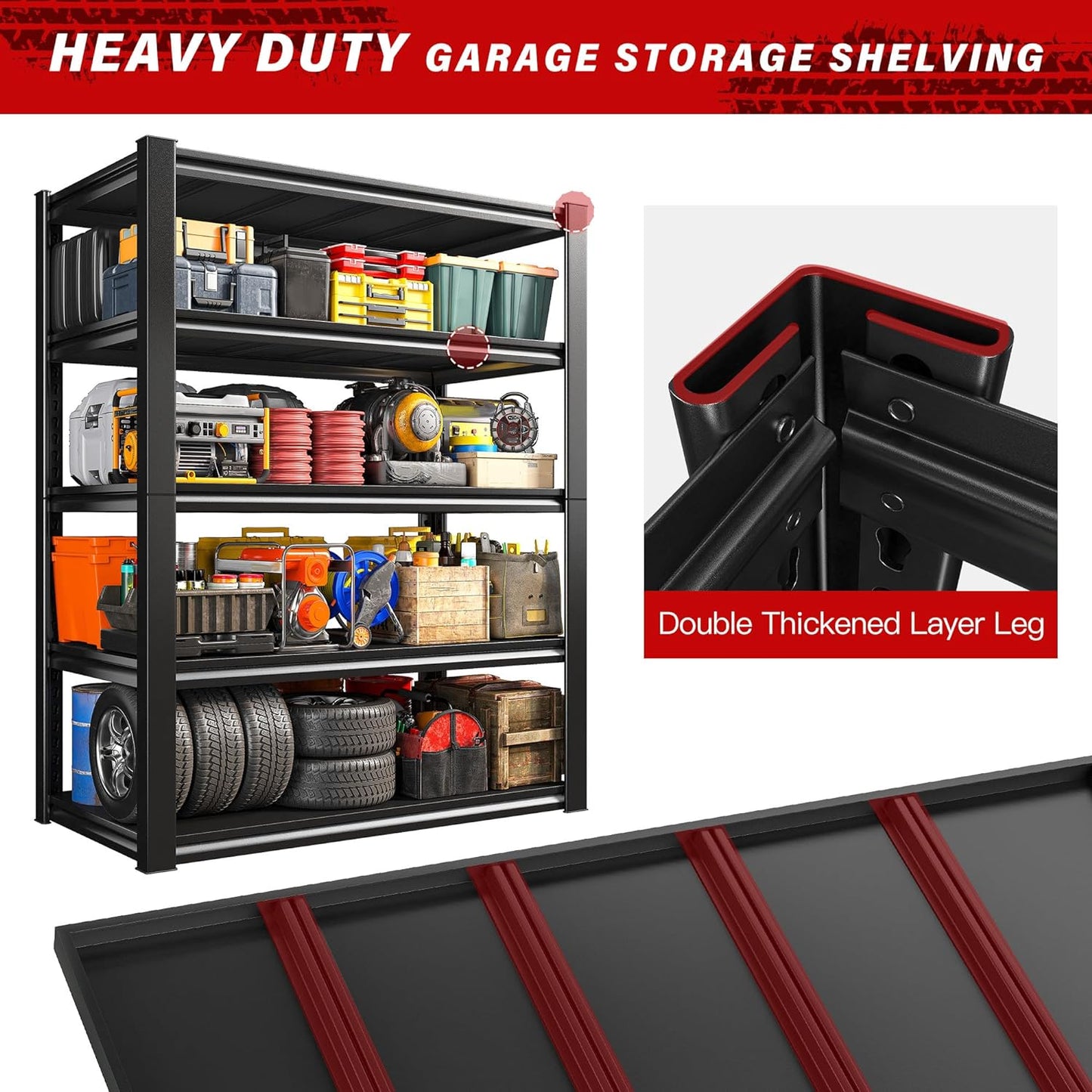 REIBII 40" W Garage Shelving, Heavy Duty Storage Shelves Load 2500LBS, 5-Tier Adjustable Metal Shelving, Garage Shelves for Warehouse, Pantry, Basement, 72" H x 40" W x 18" D, 4Pack