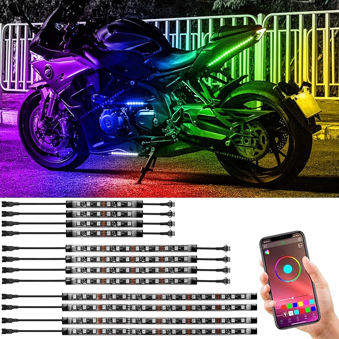 12Pcs Motorcycle LED Underglow Kit, RGB LED Strips Lights, Motorcycle Underglow Lights Kit with APP Control for Harley Davidson Honda Kawasaki Suzuki