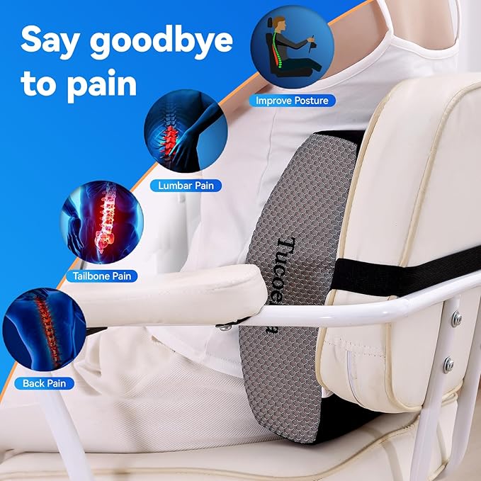 Lumbar Support Pillow for Office Chair, Gaming Chair, or Car, Memory Foam Cushion with Breathable Ventilated Mesh and Adjustable Straps for Long Lasting Back Support Ergonomic Suitable Gift