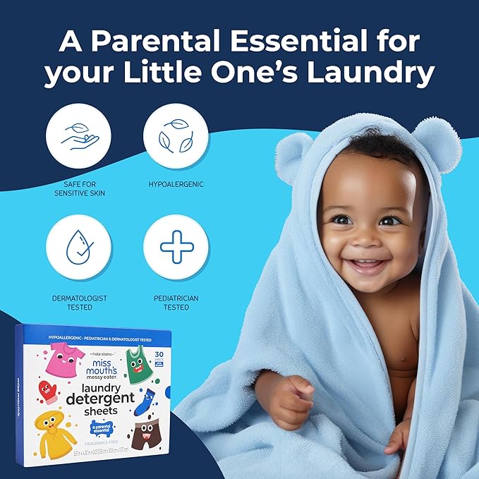 Miss Mouth’s Messy Eater Stain Treater Stain & Suds Duo Pack - 3 Pack Spray and 30 Pack Detergent Sheet bundle - Newborn & Baby Essentials - Food, Grease, Coffee Off Laundry, Underwear, Fabric