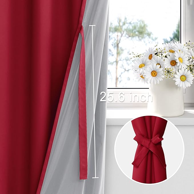 XWZO Full Shading Blackout Curtains 95 Inches Length - Heat and Light Blocking Ring Top Window Drapes with Black Liner Backing for Bedroom Sewn with Tiebacks, Christmas Red, W52 x L95, Set of 2