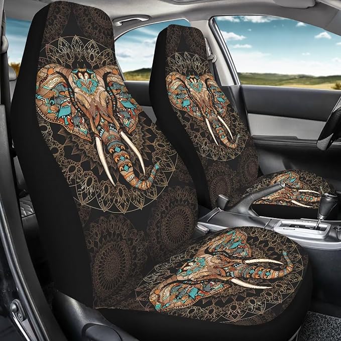Bohemian Elephant Print Car Accessories Women Men Front Seat Cover Set Stretchy Saddle Blanket Auto Bucket Seat Protectors, Car Interior Automotive