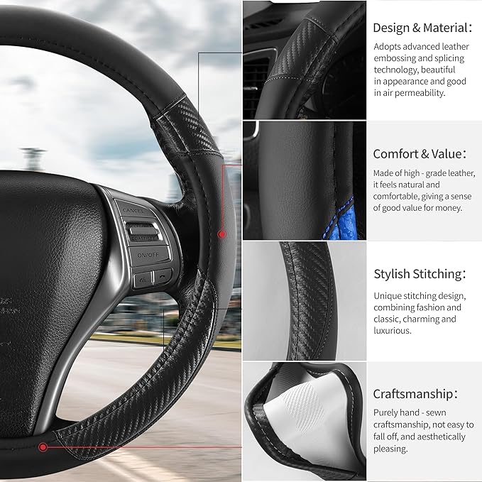 Non-Slip Car Nappa Leather Steering Wheel Cover,Universal Car Accessories Women Men Fit 14" 1/2-15" Suvs/Vans/Sedans/Cars/Trucks,Black
