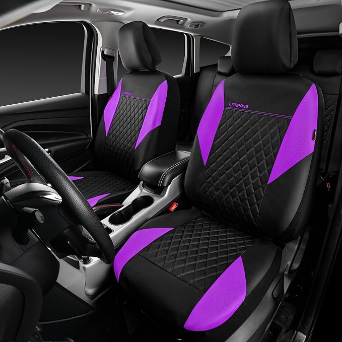 CAR PASS Purple Leather Seat Covers, Quilting Pretty Car Seat Cover with 5mm Composite Sponge Inside,Airbag Compatible,Universal Fit for Most Sedan SUV Van Truck (Full Set,Purple)