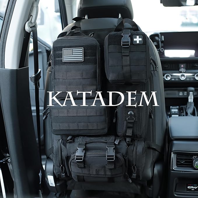 6 Pack Tactical Molle Car Seat Back Organizer - Tactical Vehicle Panel Organizer with 5 Detachable Molle Pouch,US Flag Patch and Keychain,Great Trunk Accessories for Man
