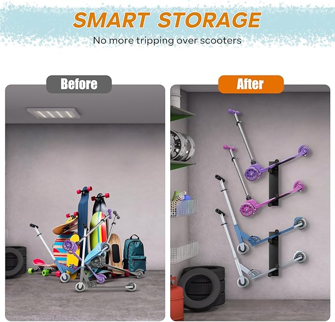 Scooter Wall Mount - Storage Rack for Garage 2pcs Scooter Hanger Holder for Adult/Toddler/Kids/Trick