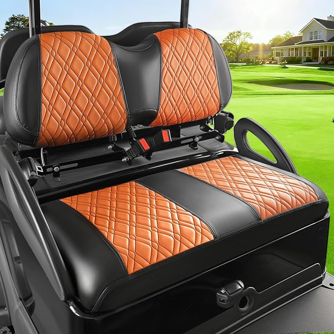 DRIVE UP Club Car Precedent Diamond Seat Covers, Brown Diamond Cross Club Car Leather Front Seat Cover, Golf Cart Seat Covers with Black Stitching Front, Waterproof and Wipe Clean