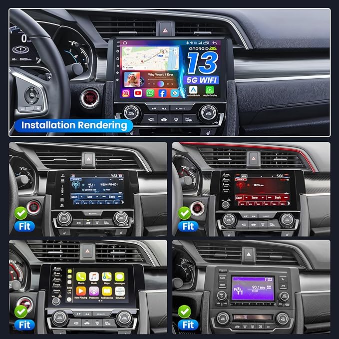 4+64G Car Radio for Honda Civic 2016-2021: 9 Inch Touch Screen Stereo with Wireless Carplay Andriod Auto GPS Bluetooth 5G WiFi Mirror Link FM RDS SWC Backup Camera