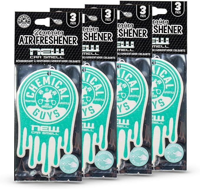 Chemical Guys Car Fresheners, Hanging Air Fresheners - New Car Scent for Cars, Trucks, SUVs, RVs, Home, Office, Work, Dorm Room, & More - 12 Pack