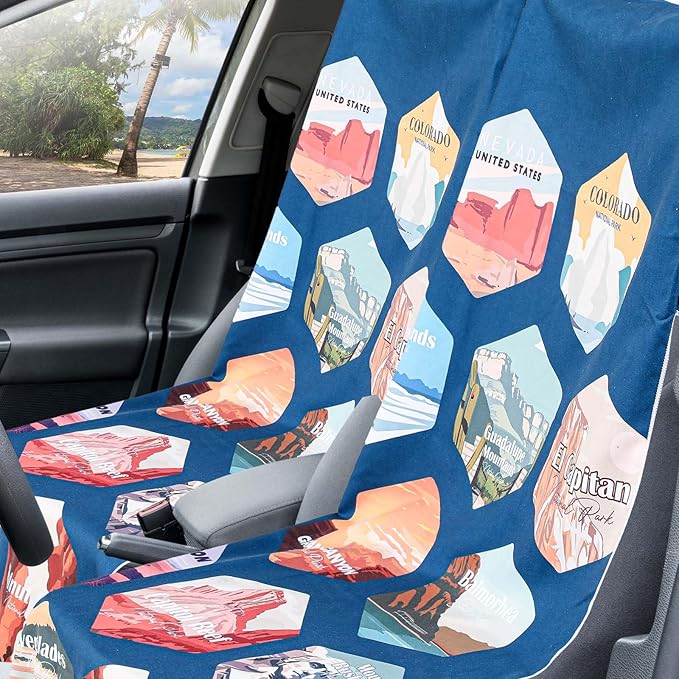 1 Pack Car Seat Towel Covers with Storage Bag 63 x 32 Inch Athletic Running Towel Seat Sweat Washable Non Slip Cover Gift for Car Outdoor Sport Activities (Multi National Parks 1)