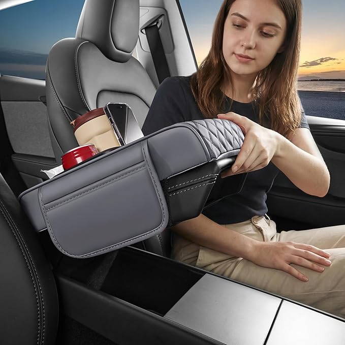 5 in 1 Car Center Console Cover, Armrest Pad with 2 Storage Pockets, Cup Holder, Tissue Box Slot, Phone Holder, Universal Car Interior Organizer (Gray)