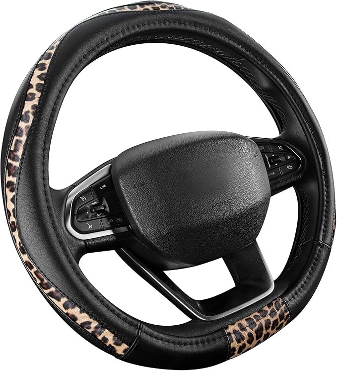 Road Comforts D-Type Steering Wheel Cover - Made with PVC Leather and Leopard Fabric - Universal Fit for 15-Inch D-Shaped Automotive Steering Wheels (Black Color)