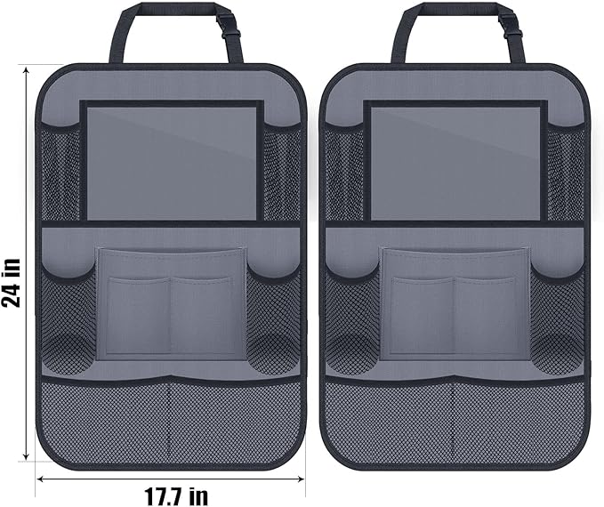 ULEEKA Car Backseat Organizer with 11" Table Holder, 10 Storage Pockets Seat Back Protectors Kick Mats for Kids Toddlers, Travel Accessories, 2 Pack, Gray