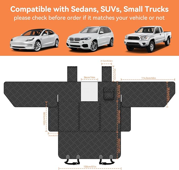 Dog Car Seat Cover for Back Seat- Heavy Duty Waterproof-Hard Bottom Backseat Extender Fits Sedan SUV & Small Truck, Full Coverage for Doors, Rear Seats & Front Headrests