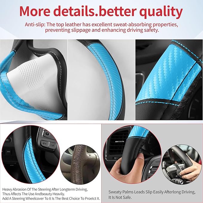 Non-Slip Car Nappa Leather Steering Wheel Cover,Universal Car Accessories Women Men Fit 14" 1/2-15" Suvs/Vans/Sedans/Cars/Trucks,Light Blue