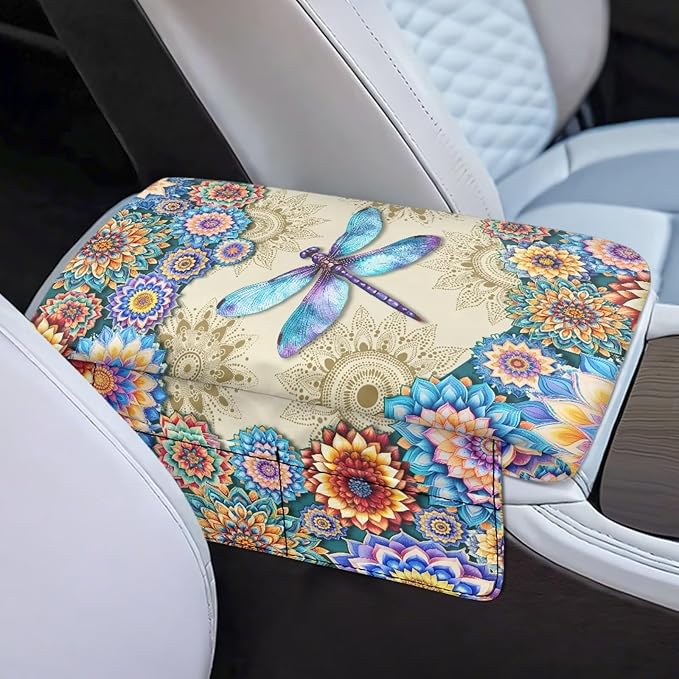 Dreaweet Boho Dragonfly Car Center Console Cover Thick Comfortable Console Console Armrest Pad Universal Arm Rest Cover for Car SUV Truck Sedan Armrest Storage Box Cover Pad