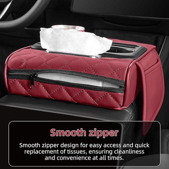 5 in 1 Car Center Console Cover, Armrest Pad with 2 Storage Pockets, Cup Holder, Tissue Box Slot, Phone Holder, Universal Car Interior Organizer (Burgundy)